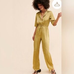 4th & Reckless Women Bethan Satin Wide Leg Jumpsuit Elastic Waist Size S Green